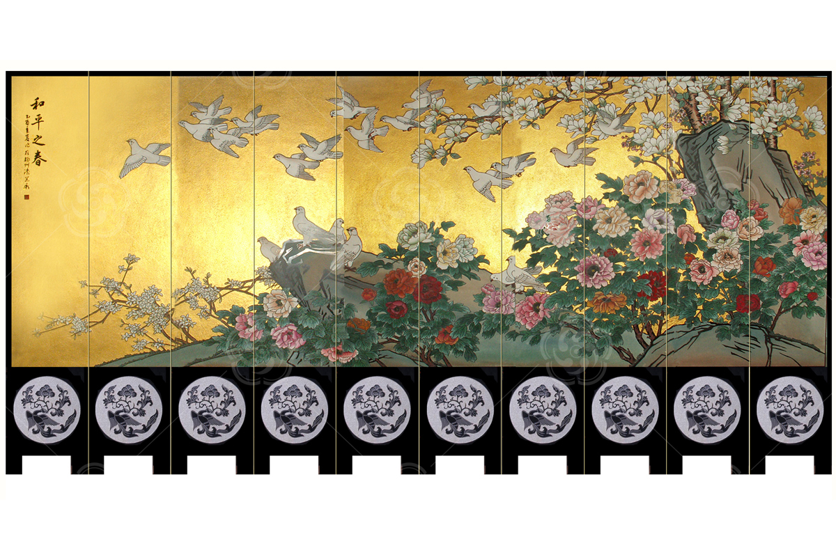 刻漆壁畫真金《和平之春》屏風